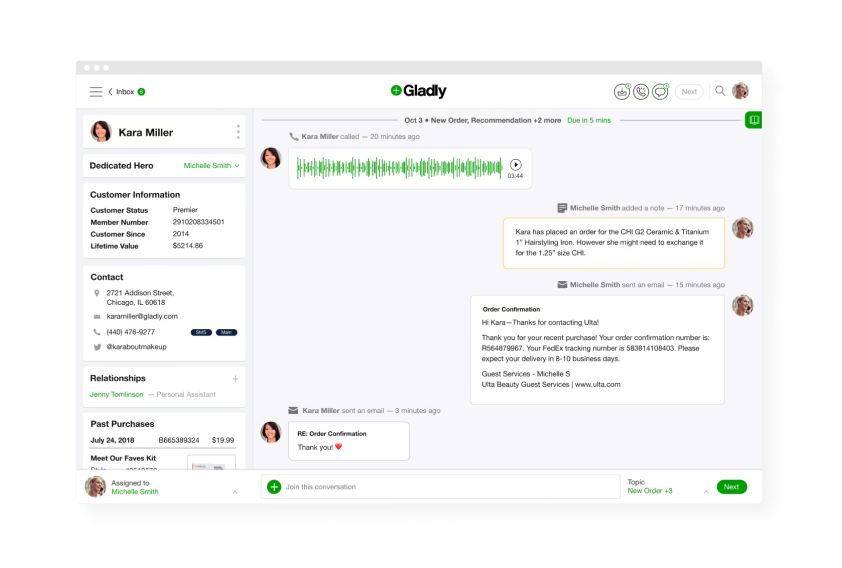Gladly customer service interface showing a conversation with Kara Miller. Features recent calls, emails, and customer details, creating an organized, responsive tone.