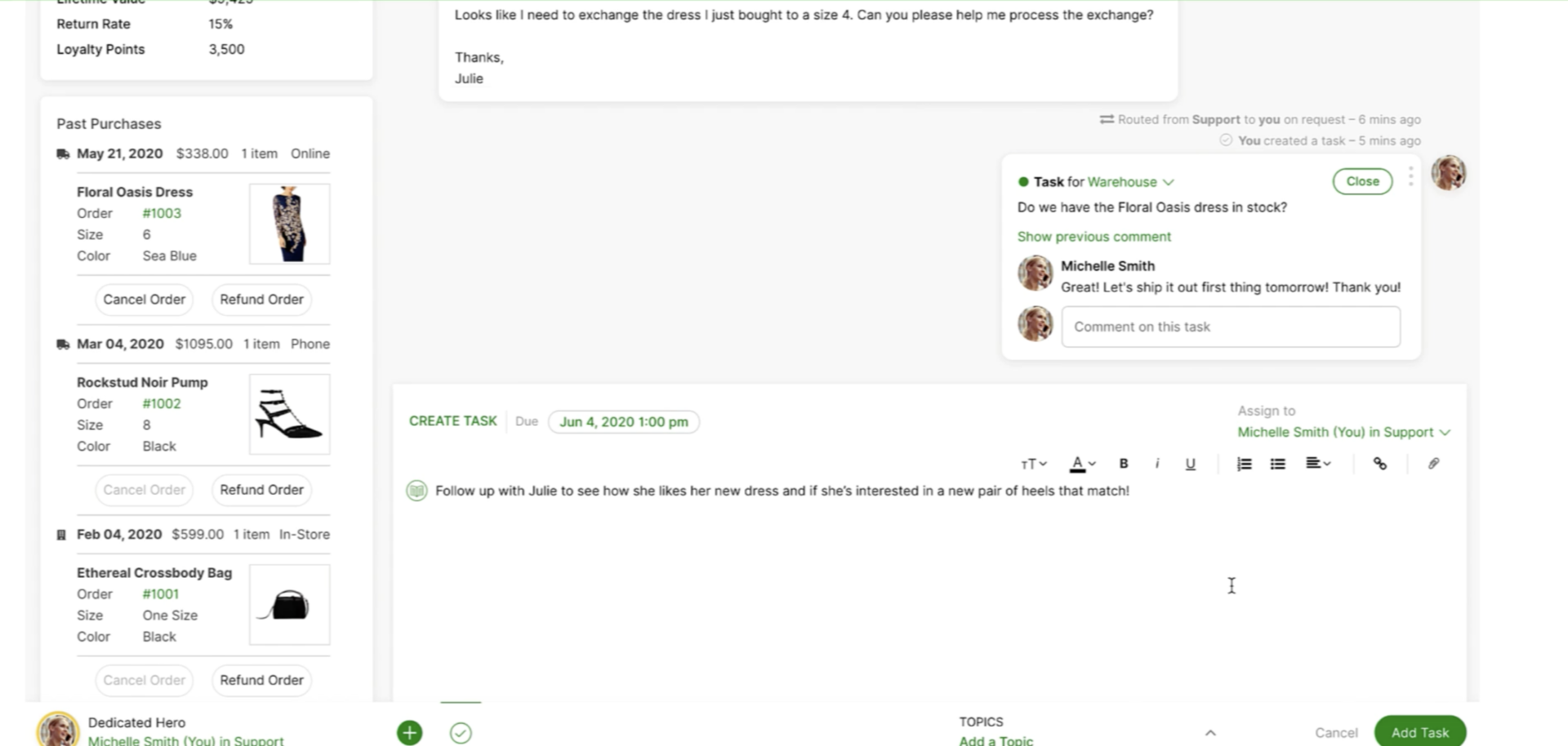 Task management interface showing past purchases and customer support interaction. A customer requests an exchange for a smaller dress size.