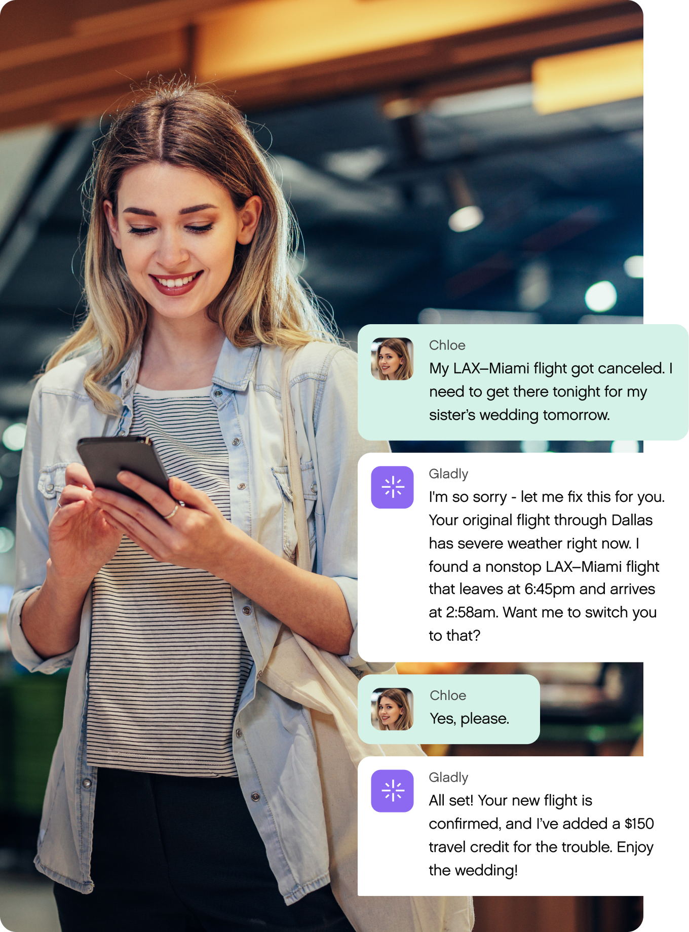 A smiling woman holds a smartphone, messaging with a virtual assistant about a canceled flight. The assistant rebooks her flight efficiently.