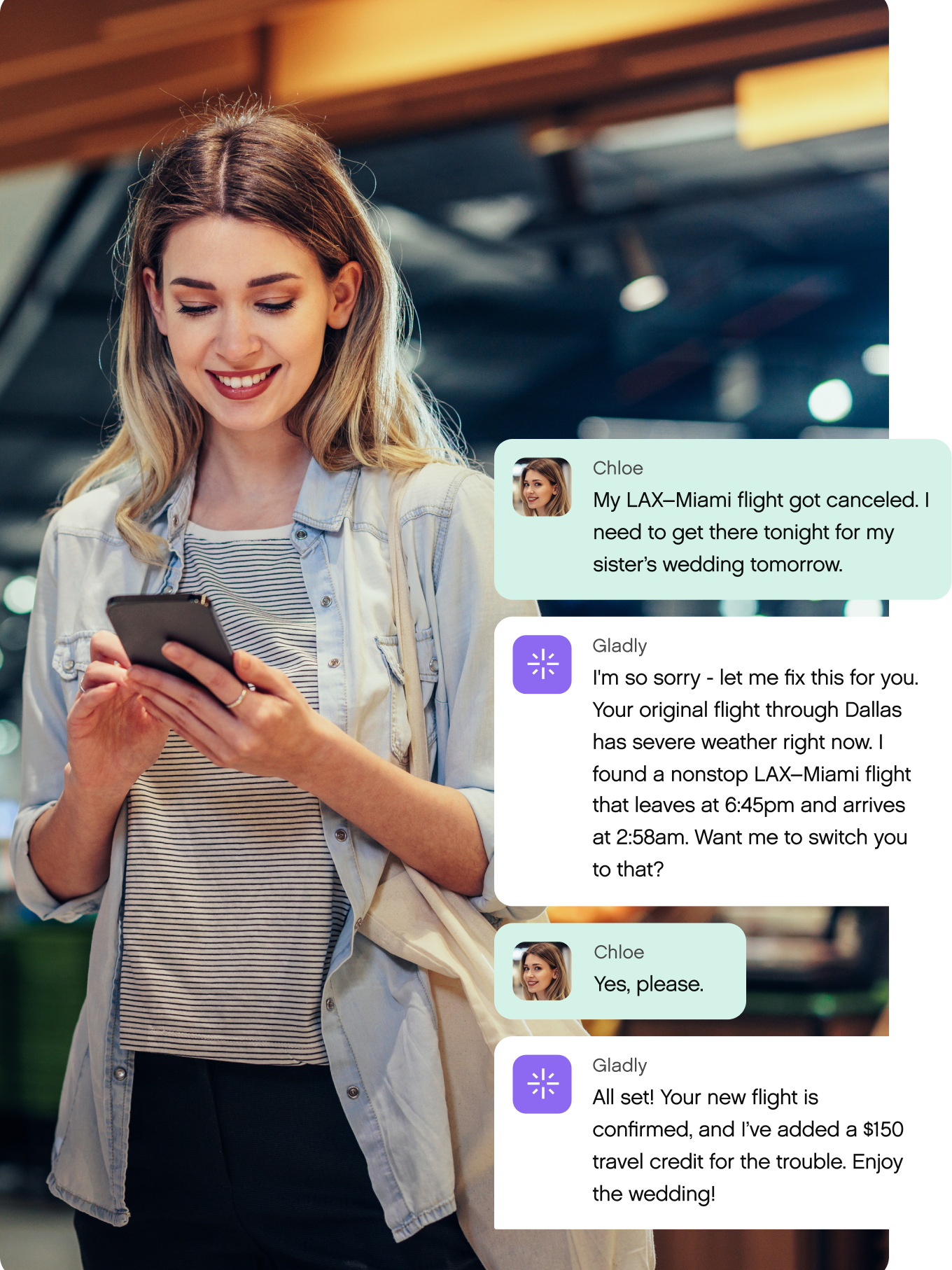 A smiling woman holds a smartphone, messaging with a virtual assistant about a canceled flight. The assistant rebooks her flight efficiently.