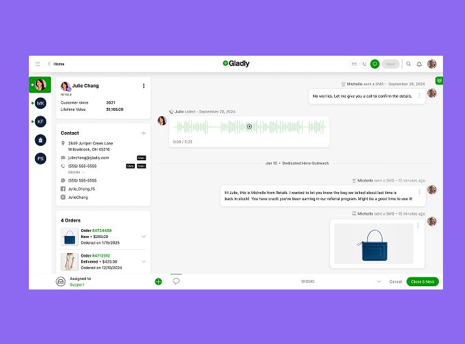 The image shows a purple-themed customer service interface from Gladly. It displays a chat with audio messages, customer details, and recent orders.