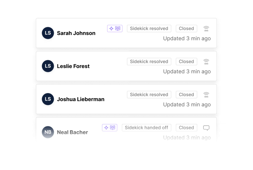 Interface showing four user notifications. Three marked "Sidekick resolved" and "Closed," updated 3 minutes ago. One shows "Sidekick handed off."