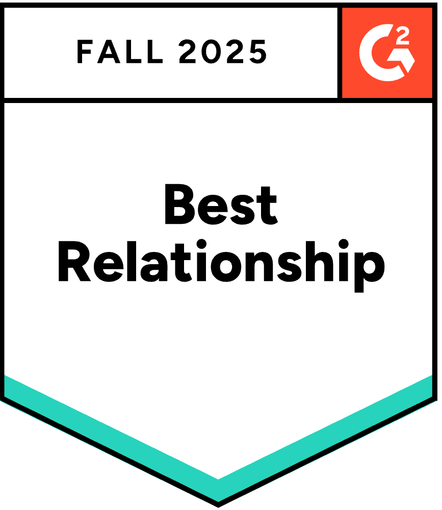Award badge reading "Best Relationship" for Fall 2025. It features the logo "G2" in the top right corner with a teal border at the bottom.
