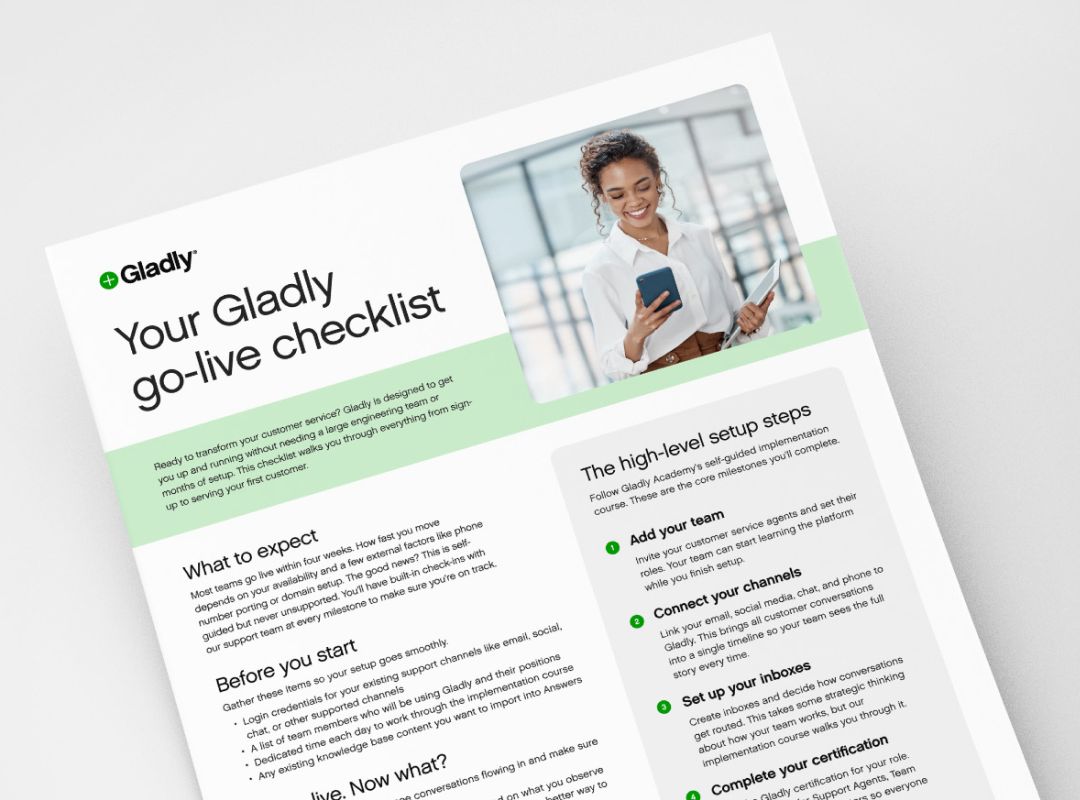 Flyer titled 'Your Gladly Go-Live Checklist' with a smiling woman using a tablet. Includes steps for team setup and customer service implementation.
