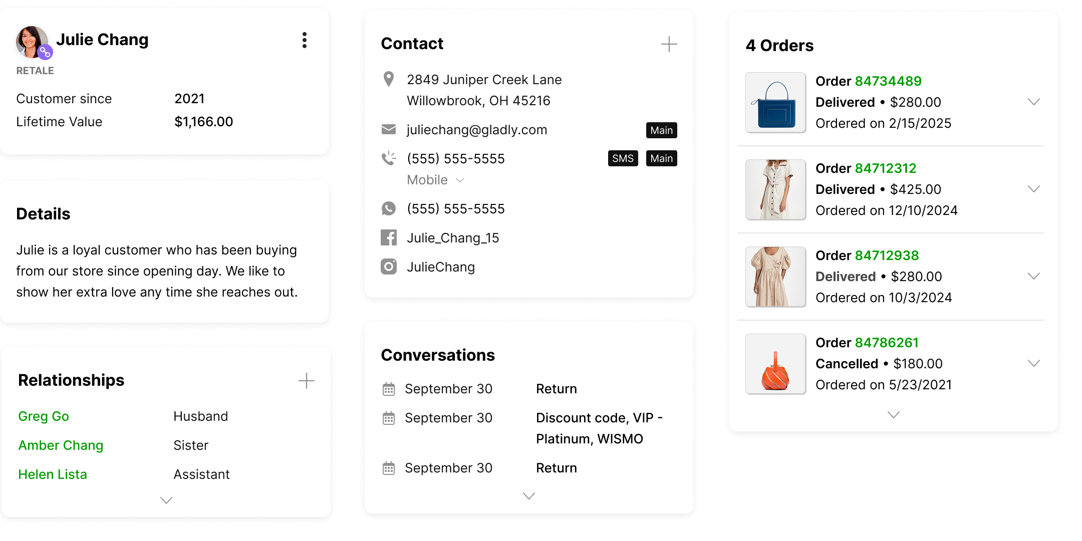 Customer profile of Julie Chang includes contact info, order history, and details. Shows four orders, relationships, and conversation history.