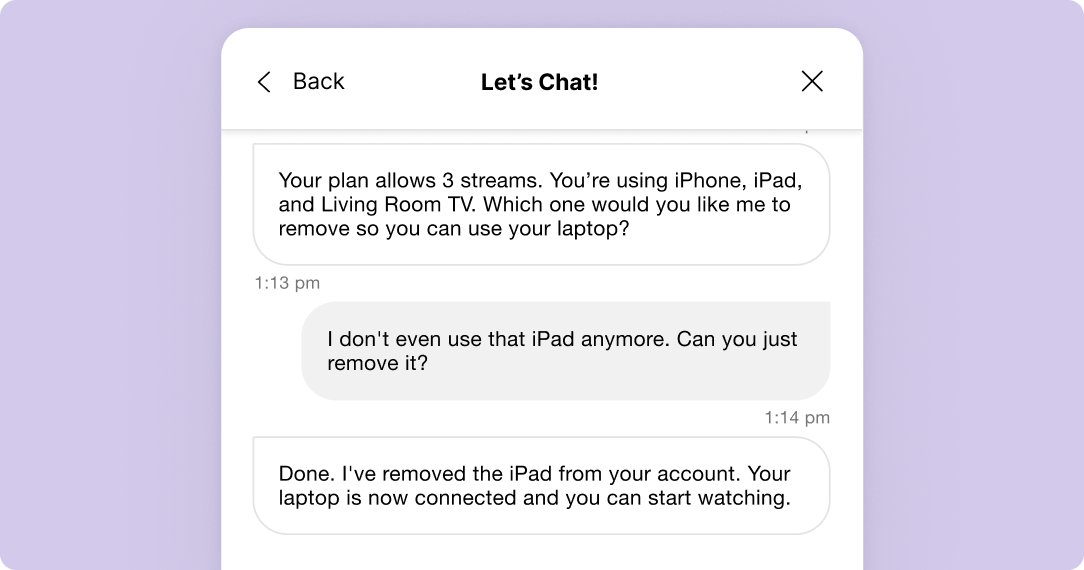 Chat interface screenshot. A conversation discusses streaming devices. The user asks to remove an iPad to connect a laptop, and the request is confirmed.
