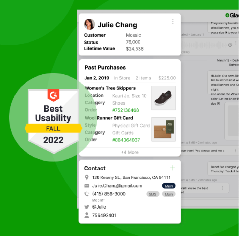 G2 Best Usability Fall 2022 badge next to Gladly software