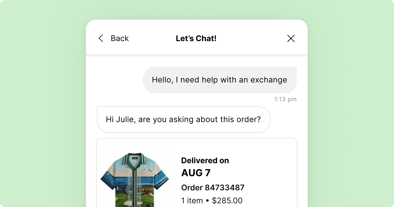 Chat interface on a pastel green background showing a conversation about an order exchange. An image of a shirt and order details are visible.