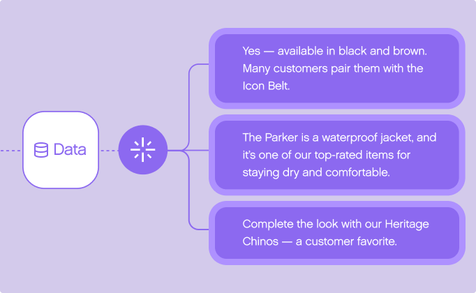 Infographic with a database icon labeled "Data" connected to three purple boxes with product descriptions: goat belt, waterproof jacket, and Heritage Chinos.