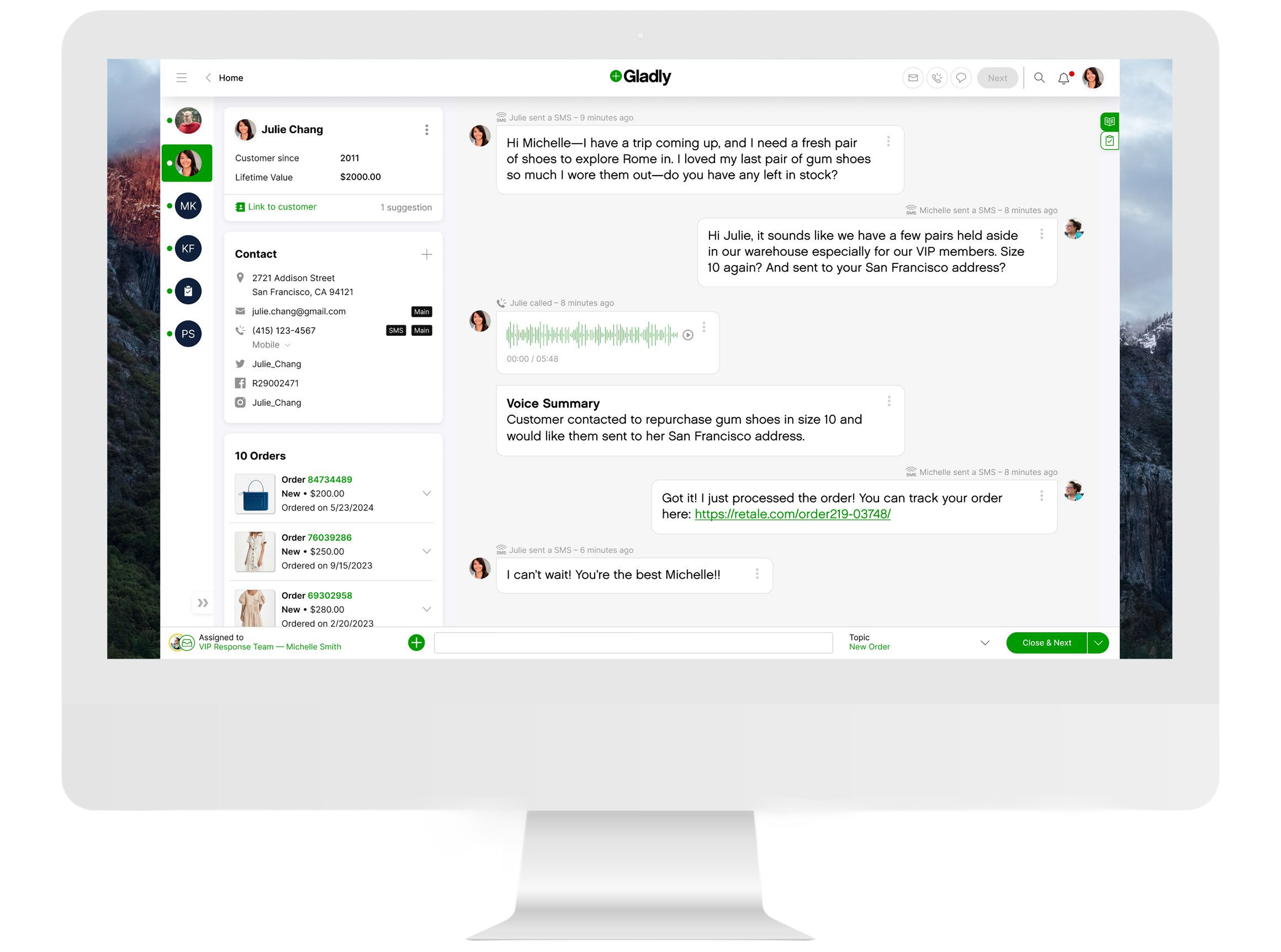 A customer service chat interface is displayed on a desktop screen. Messages discuss a shoe order for a trip. A positive interaction is evident.