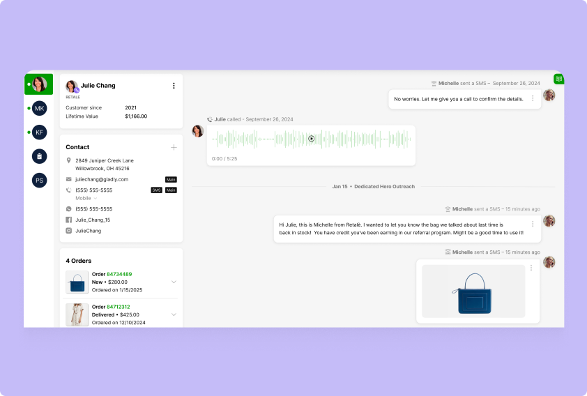 Chat interface on a purple background showing customer interaction. Left: user profile with contact details and order history. Right: SMS chat with audio waveform.