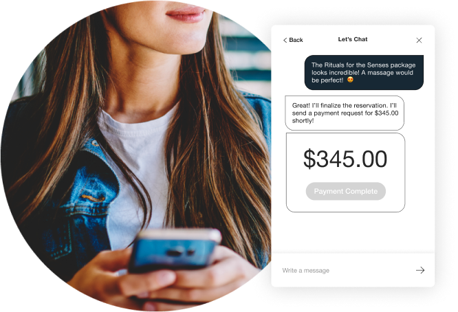 Woman on her cellphone with a screenshot of Payments on Gladly