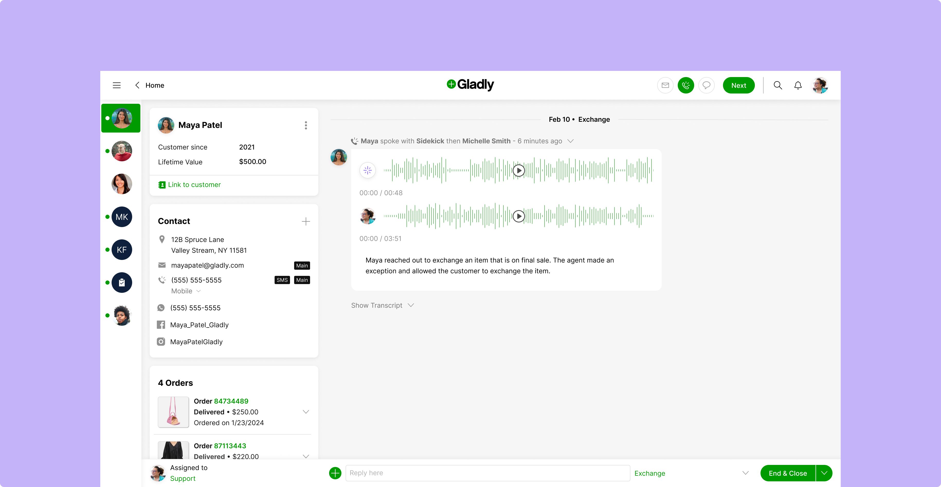Customer service dashboard with user chat interface. Left panel shows customer details and order history. Main area displays audio message exchange. Clean, organized design on a purple background.