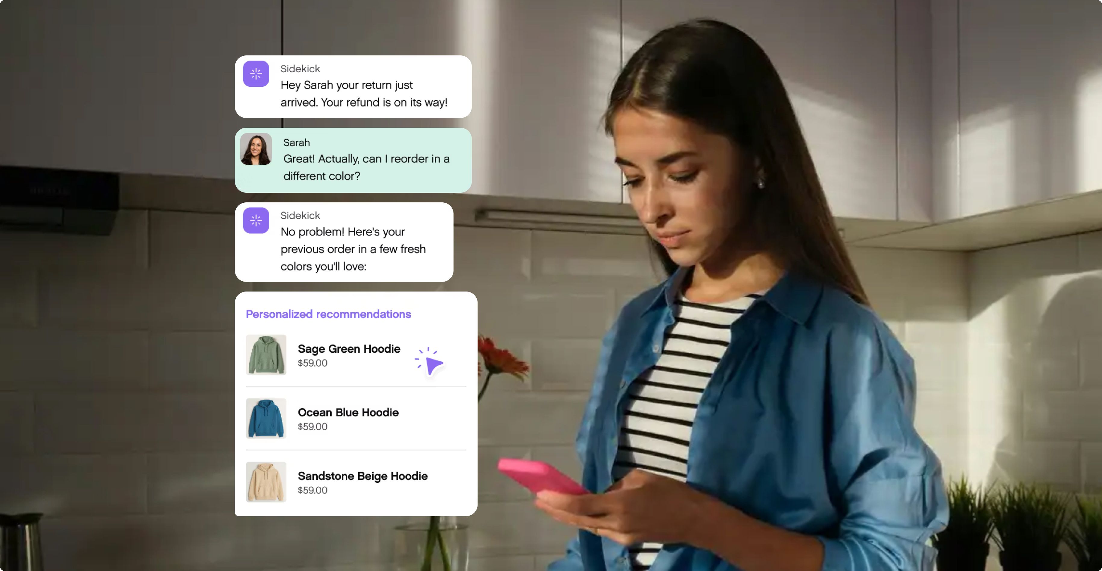 A woman in a blue shirt stands in a kitchen, holding a pink phone. Chat messages beside her discuss a clothing order and refund. She appears focused.