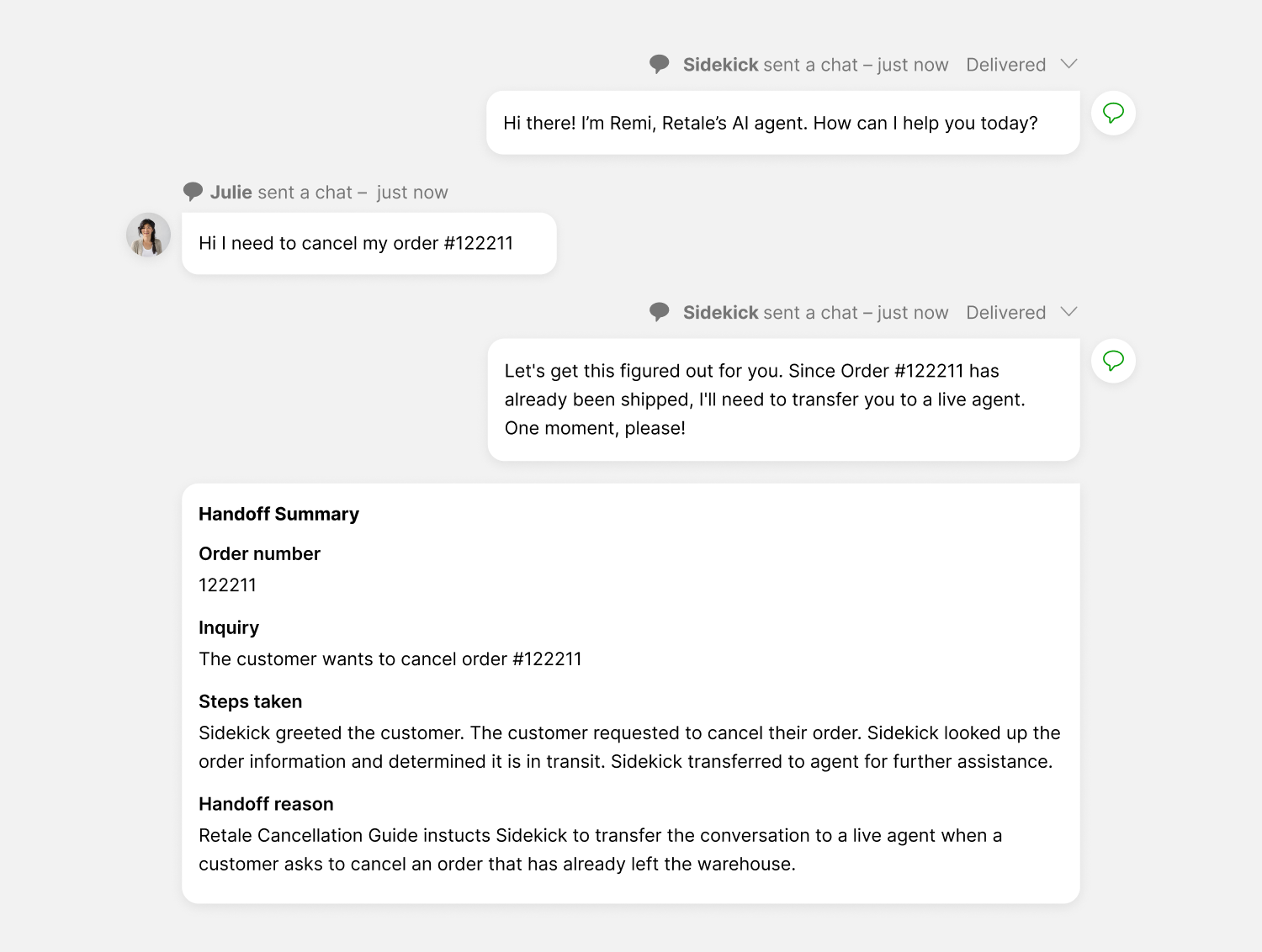 A chat exchange where a customer, Julie, requests to cancel order #122211. The AI agent, Remi from Retale, informs her that the order is shipped and begins transferring her to a live agent. A "Handoff Summary" outlines the situation and steps taken due to cancellation policies.