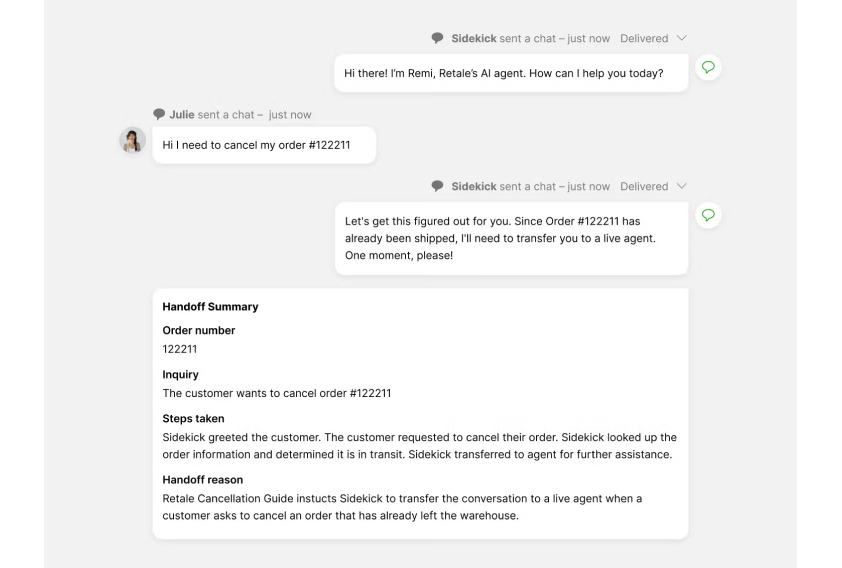 Chat interface between a user, Julie, and Retale's AI agent, Sidekick. Julie wants to cancel order #122211. Sidekick explains the order is shipped and will transfer her to a live agent. A handoff summary is shown.