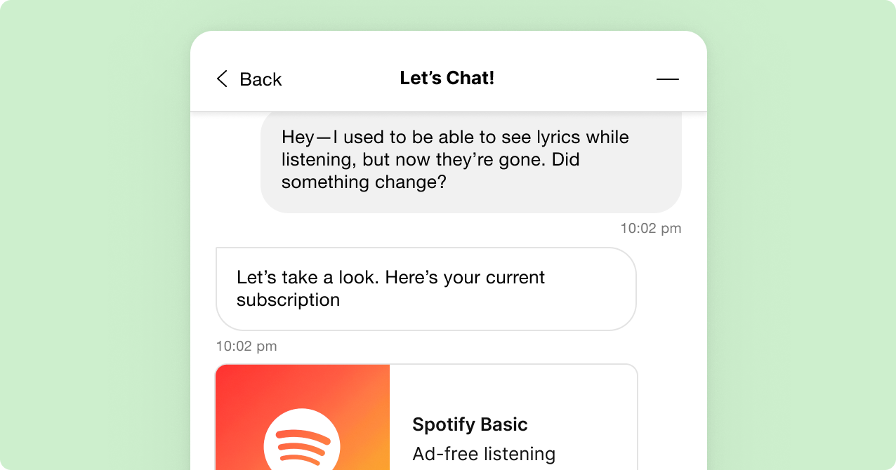 A chat screen shows a user asking about missing lyrics. The response includes their subscription details for "Spotify Basic." The tone is informative.