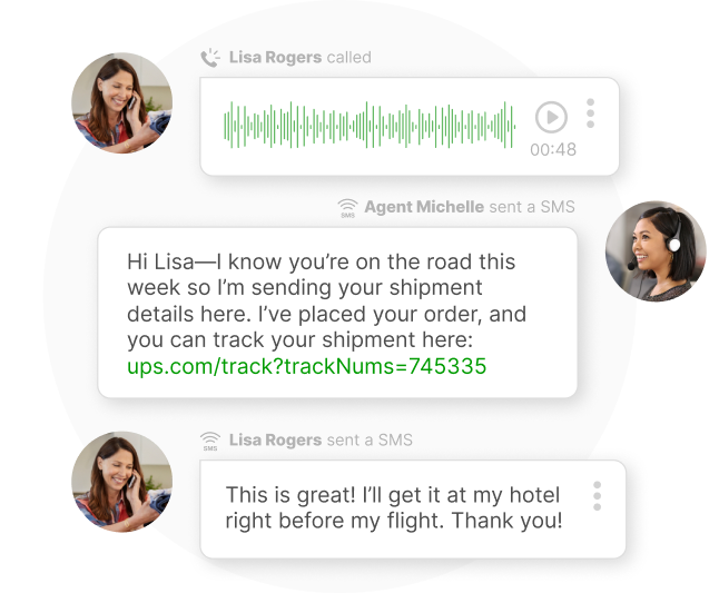 Alt text: A communication thread shows Lisa Rogers calling and texting, along with Agent Michelle sending a shipment detail SMS. The tone is friendly and helpful.