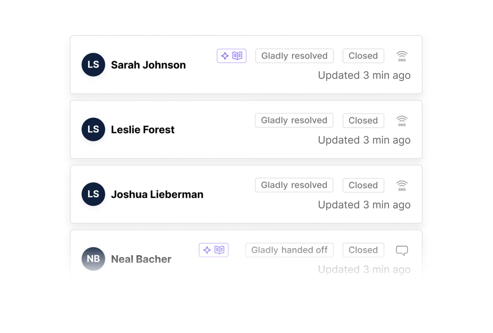 Dashboard titled 'Sidekick Conversations' showing resolved and closed chats. Users include Sarah, Leslie, Joshua, Neal, and Unknown Customer, all updated 3 minutes ago, except the last one updated 10 minutes ago. Mood is professional and efficient.