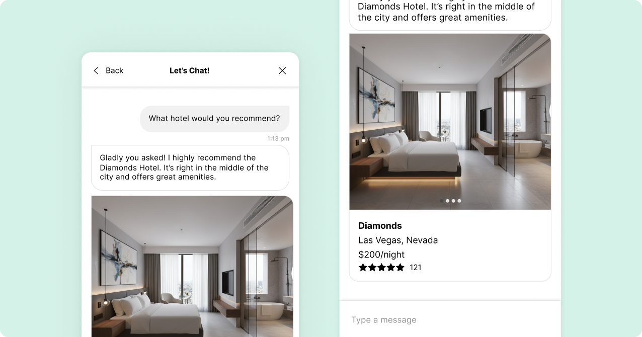 A digital interface shows a conversation between a customer and an agent about upgrading to business class for a wedding anniversary trip. The screen displays travel details, chat messages discussing the upgrade, and a voice call waveform. The tone is helpful and enthusiastic.