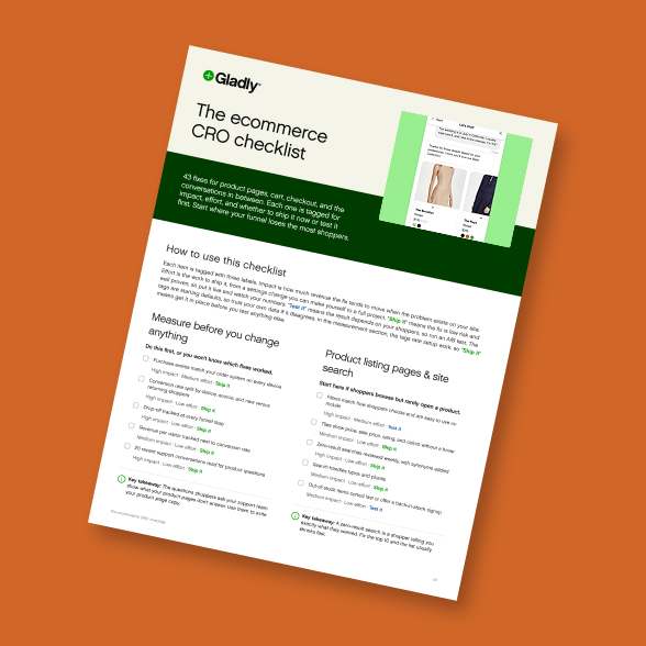 Cover page of the ecommerce CRO checklist from Gladly on an orange background.