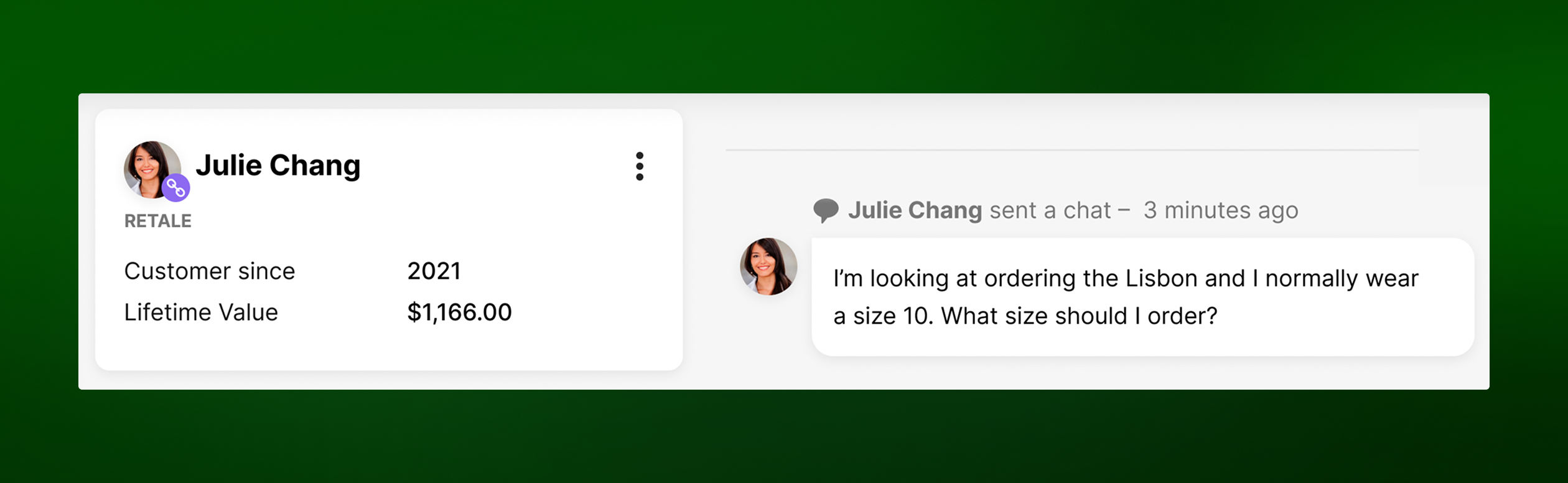 Gladly customer profile for Julie Chang, a customer since 2021 with a lifetime value of $1,166, next to her chat message asking what size to order in the Lisbon shoe.