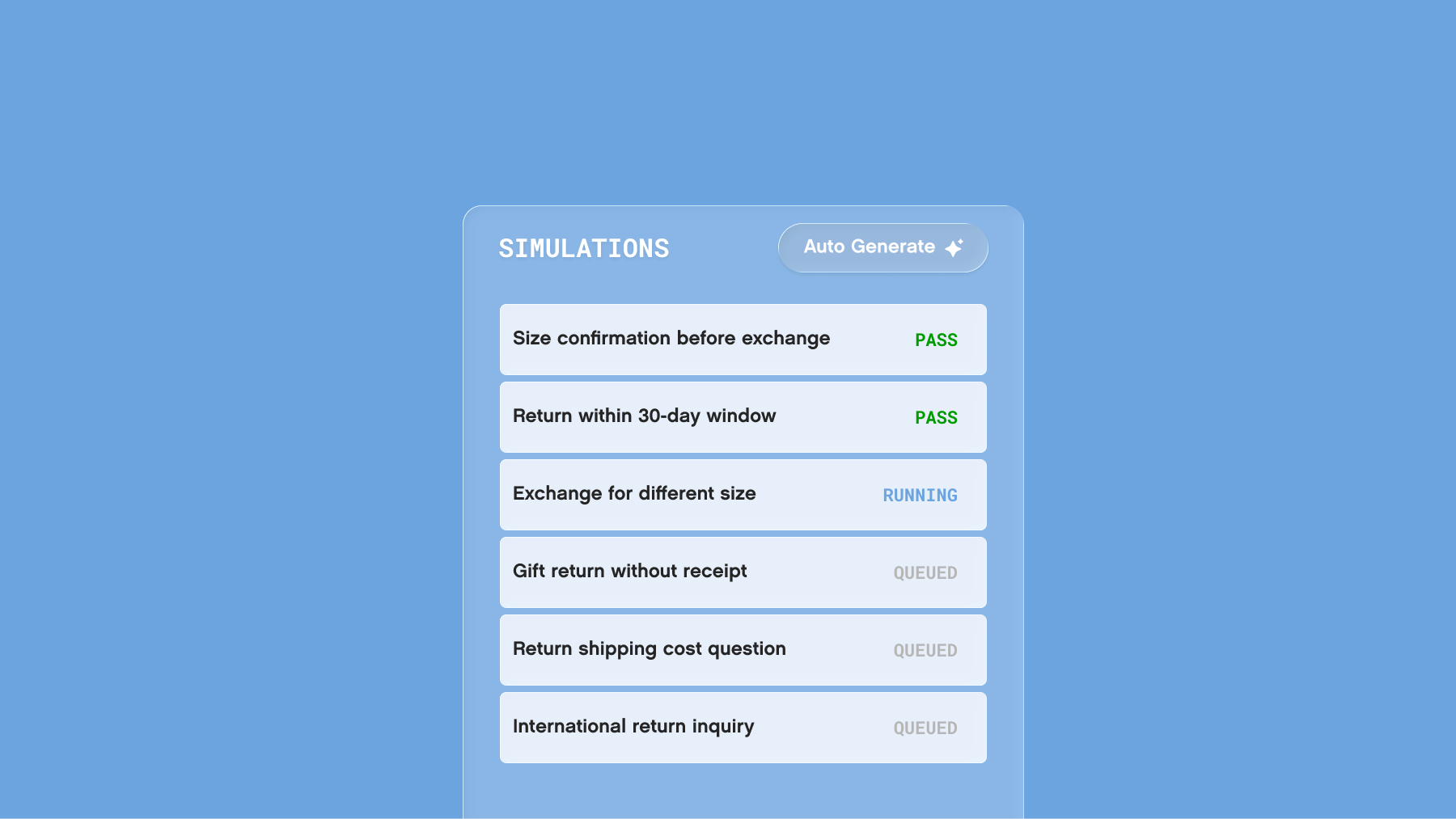 Simulation mode running historical contacts through Gladly with an auto-generate control and rows of simulated conversations.
