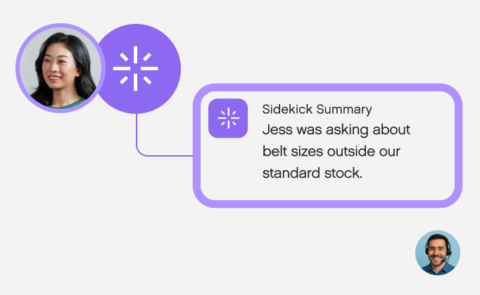 Profile image of a woman connected to a text box with the message, "Jess was asking about belt sizes outside our standard stock." A man’s profile is in the bottom right.