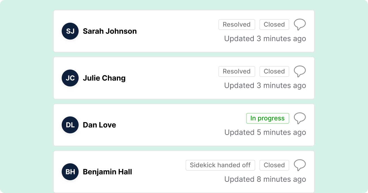 Interface with four task cards showing user initials and names. Two tasks are resolved, one in progress, and one with a note. Updated times vary.