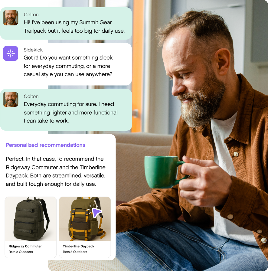 A bearded man in casual attire sips from a green mug, browsing backpack options on a tablet. Chat text discusses needs for a lighter, functional backpack, with recommendations shown below.