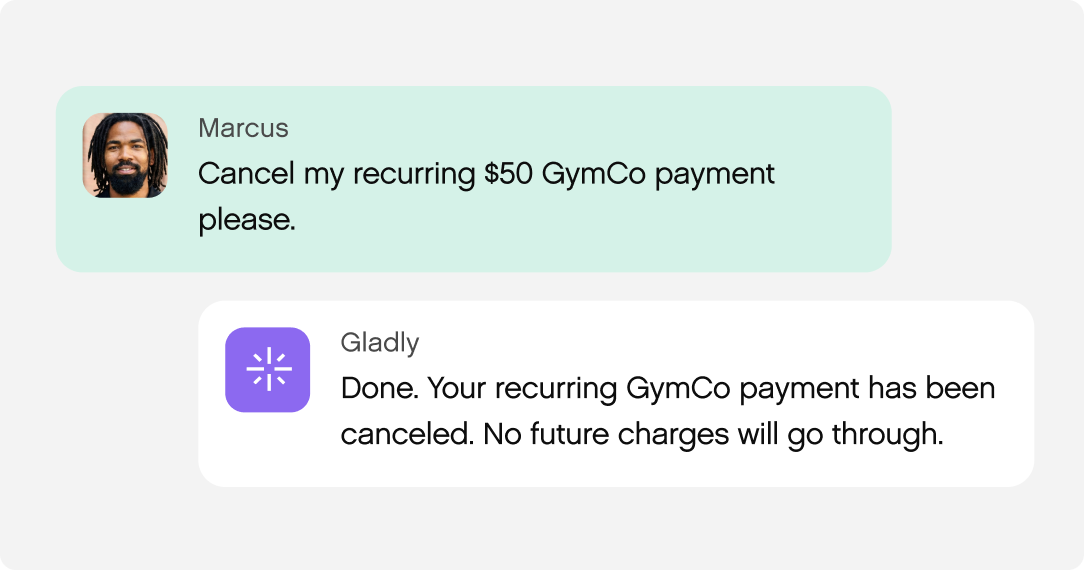 Chat screenshot showing two messages. Marcus requests canceling a $50 GymCo payment. Gladly responds, confirming cancellation and no future charges.