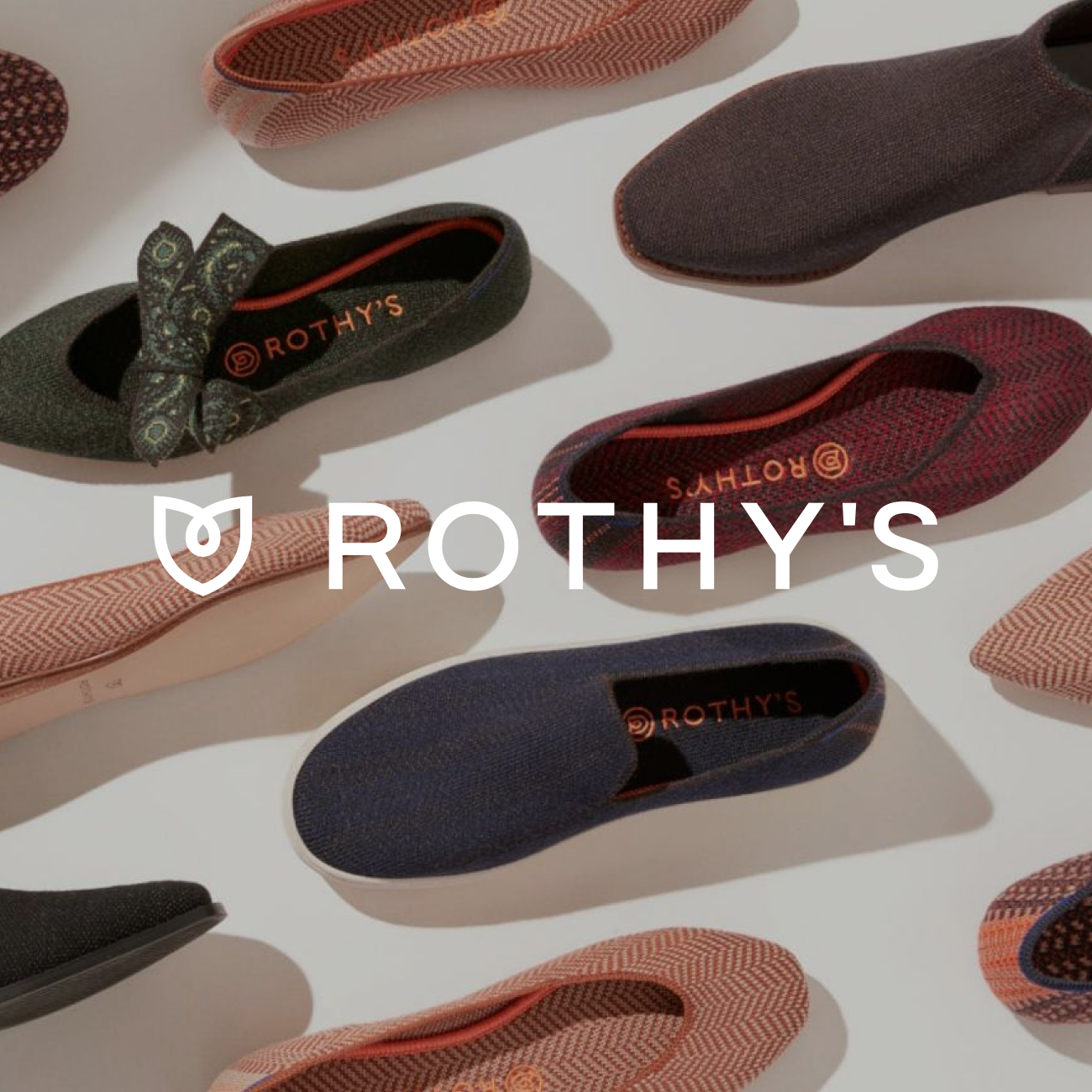 Various colorful Rothy's shoes are angled creatively on a light background. The image features their logo in the center, conveying style and elegance.