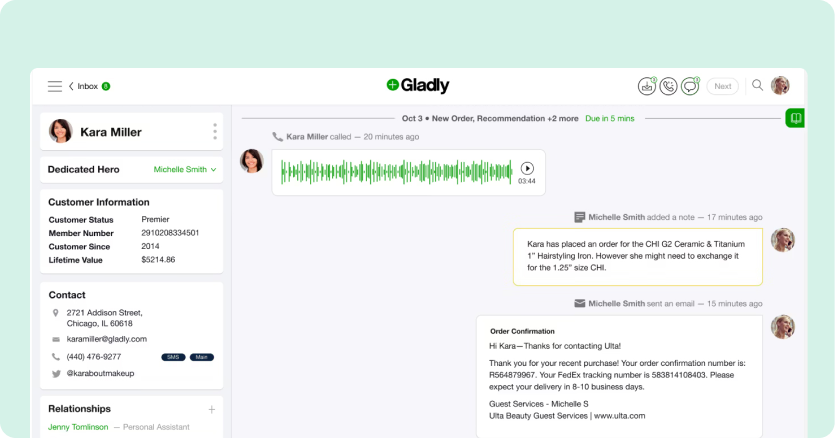 Chat interface showing customer details for Kara Miller, with contact info and recent activity. Includes a voicemail waveform, notes, and email response.
