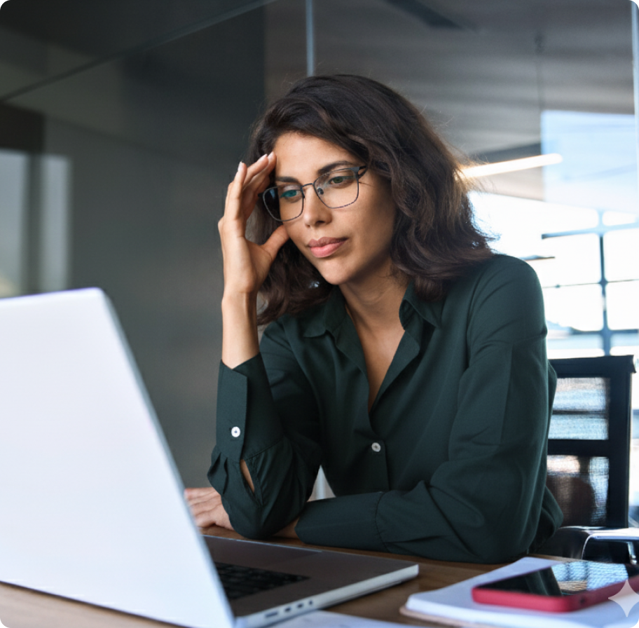 Woman with glasses wearing a dark green blouse looks thoughtfully at a laptop in a modern office. Her hand rests on her forehead, indicating concentration.