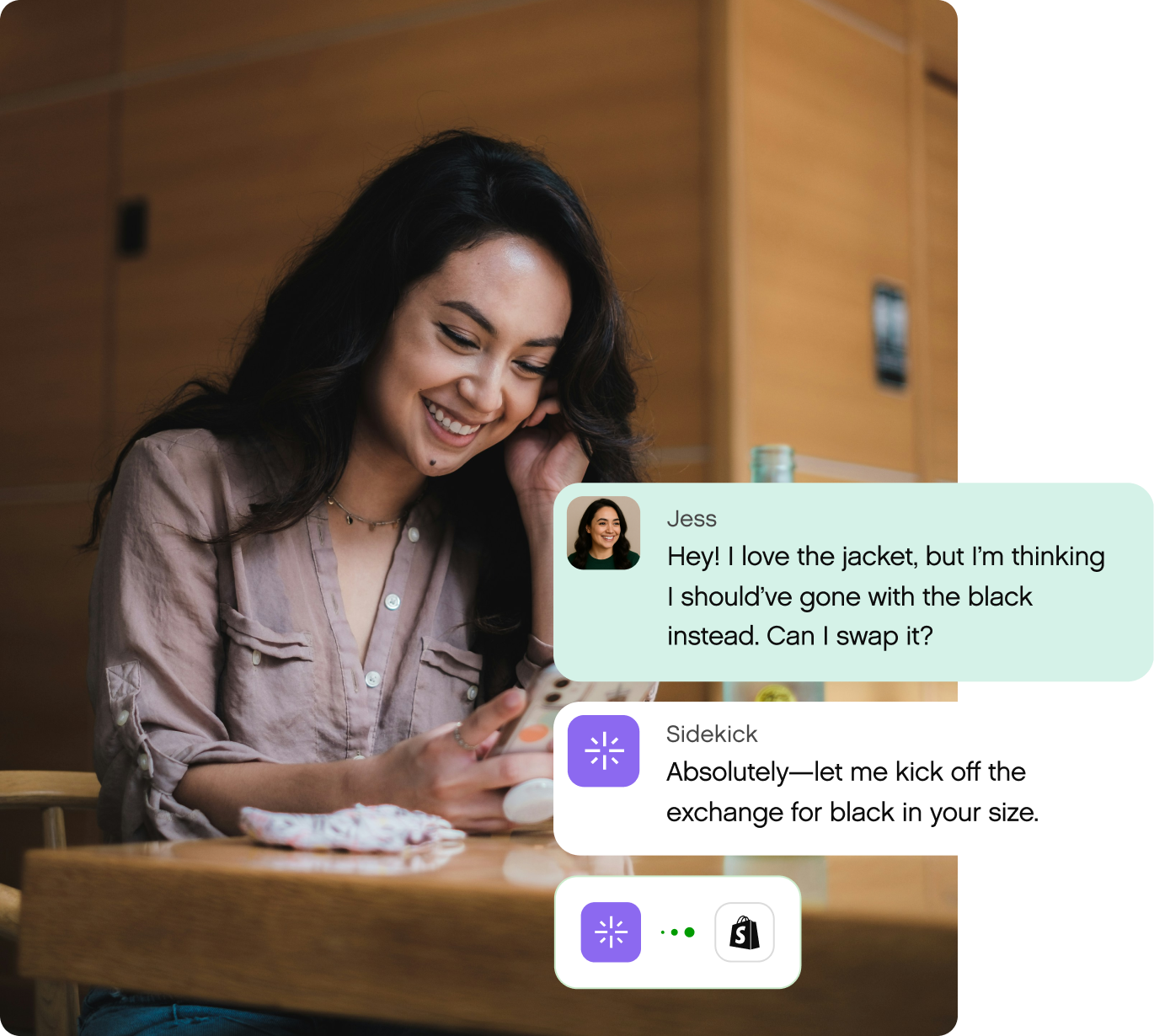 A smiling woman sits in a wooden room, holding a phone. Chat bubbles show her requesting a jacket exchange, with an app offering prompt assistance.