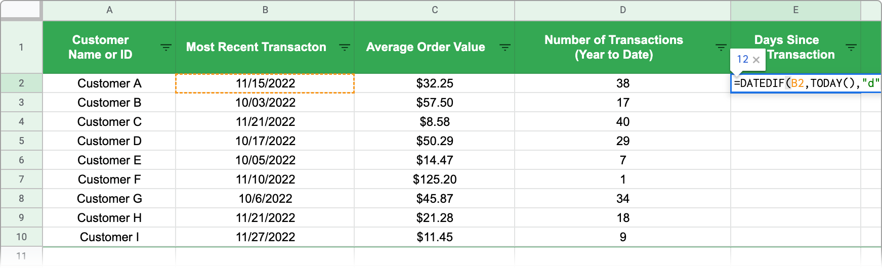 RFM Formula being typed into a spreadsheet