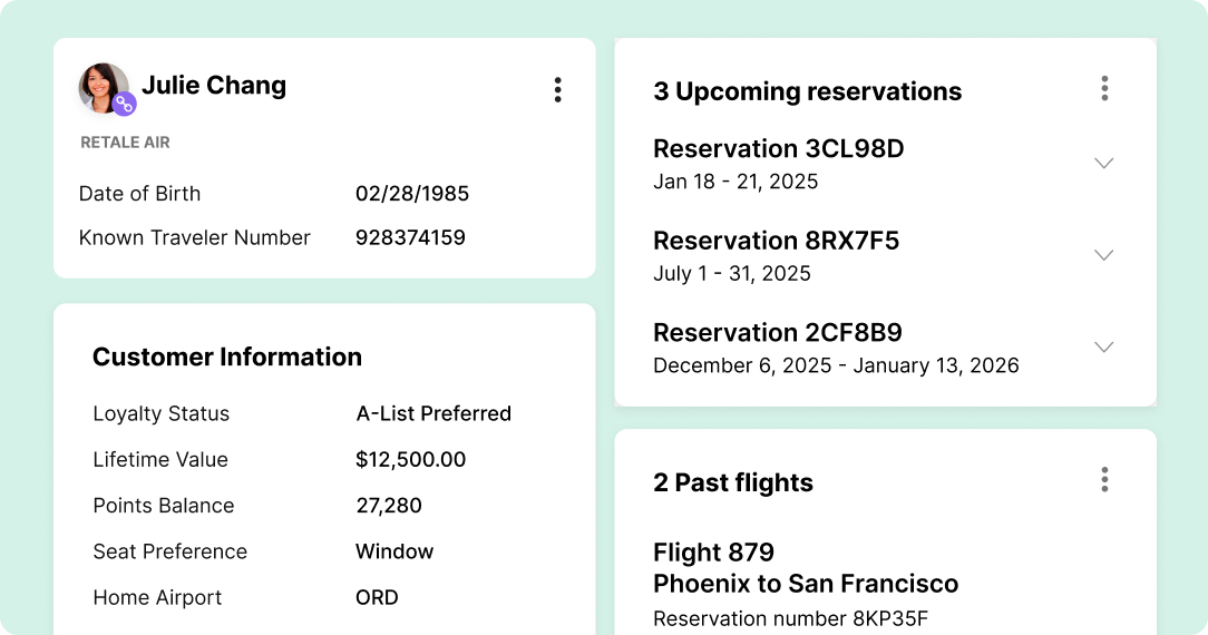 Dashboard featuring Julie Chang's travel info. Details include date of birth, known traveler number, loyalty status, flight reservations, and past flights.