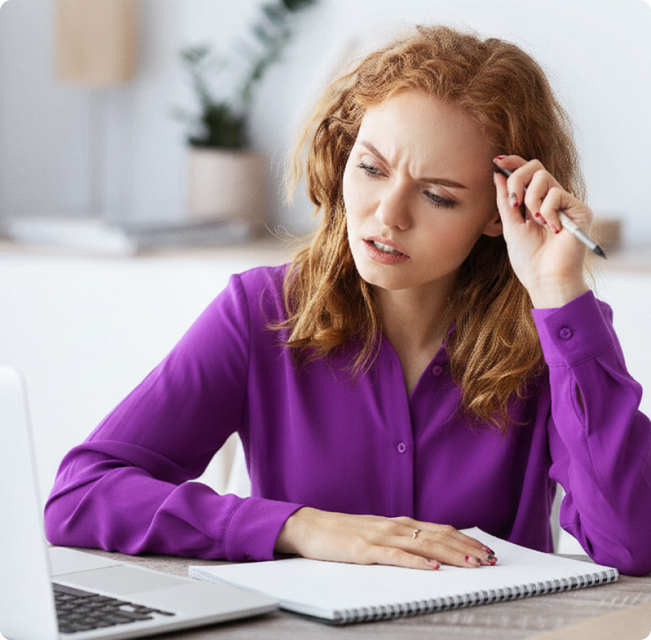 A woman with red hair wearing a purple shirt looks confused as she writes in a notebook at a desk, pen in hand, in a bright, modern workspace.