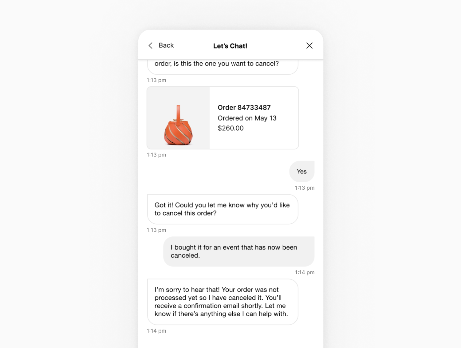 Chat interface shows a conversation about canceling an order for a $260 purse purchased on May 13. Reason for cancellation: event canceled.