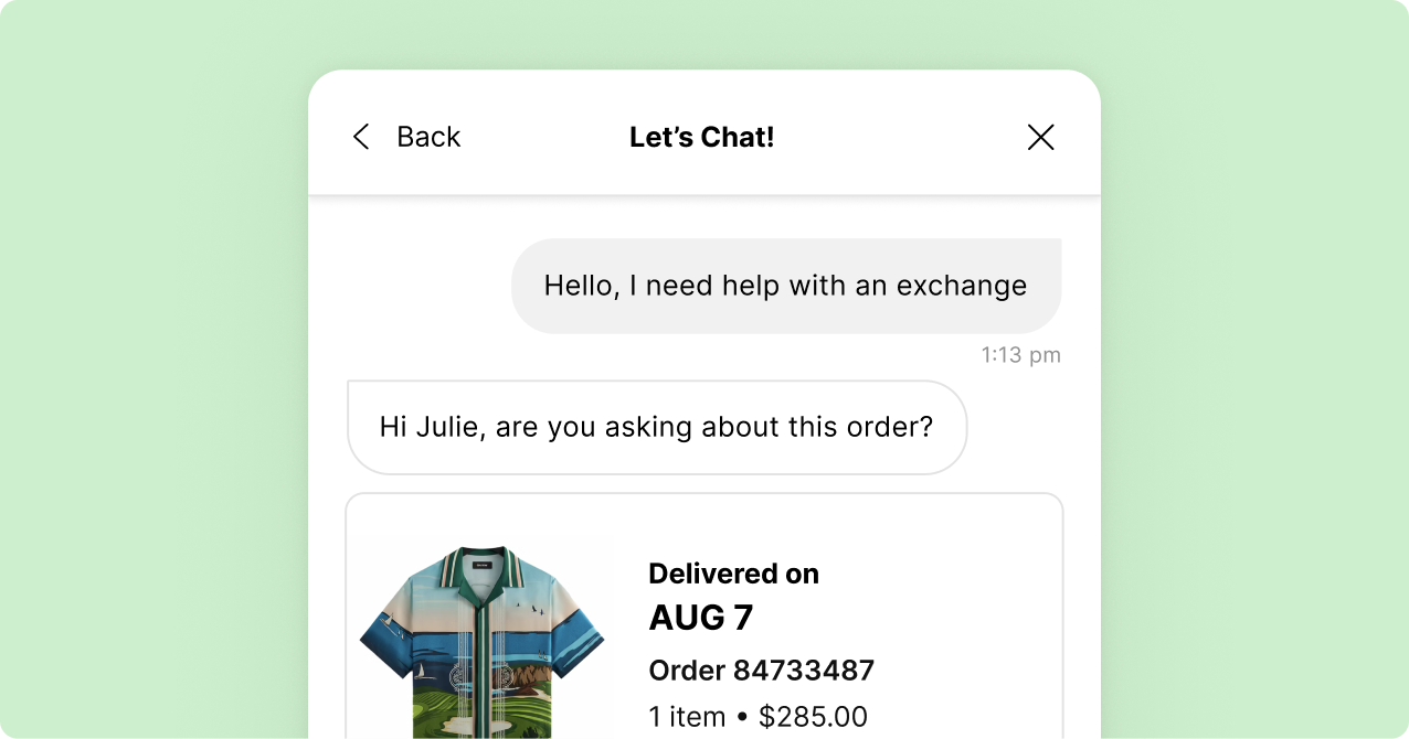 Chat interface showing a customer seeking help with an order exchange. Includes order details and image of a colorful shirt, creating a helpful tone.