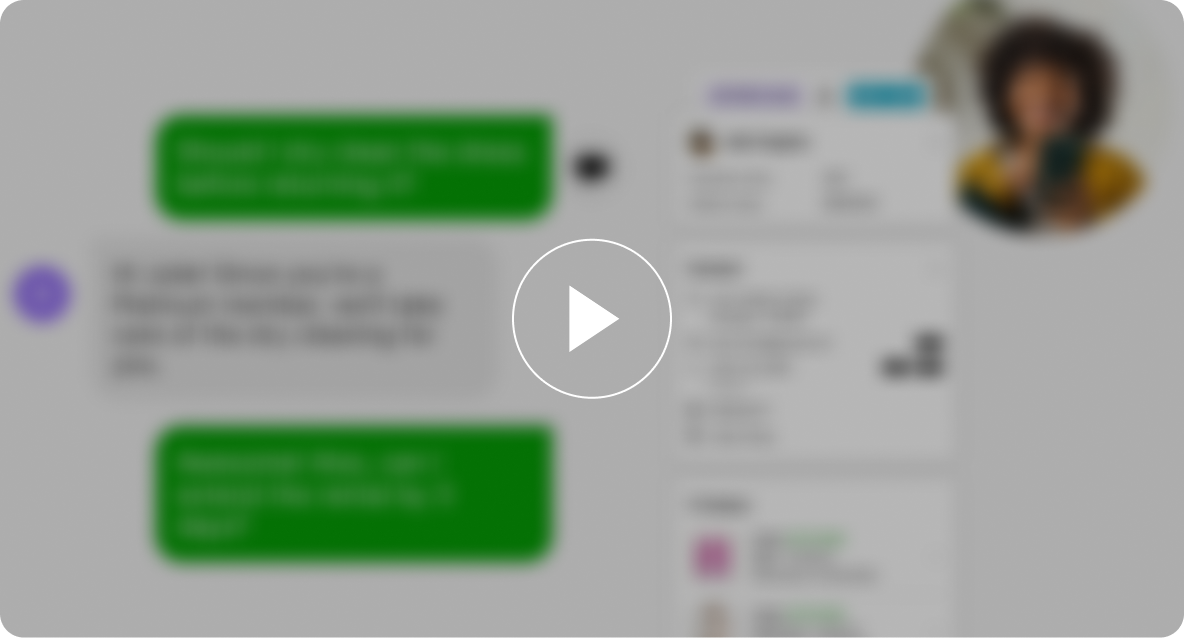 Blurry image of a chat with green message bubbles and a profile sidebar. Includes text exchange and a blurred profile picture. Play button overlay.