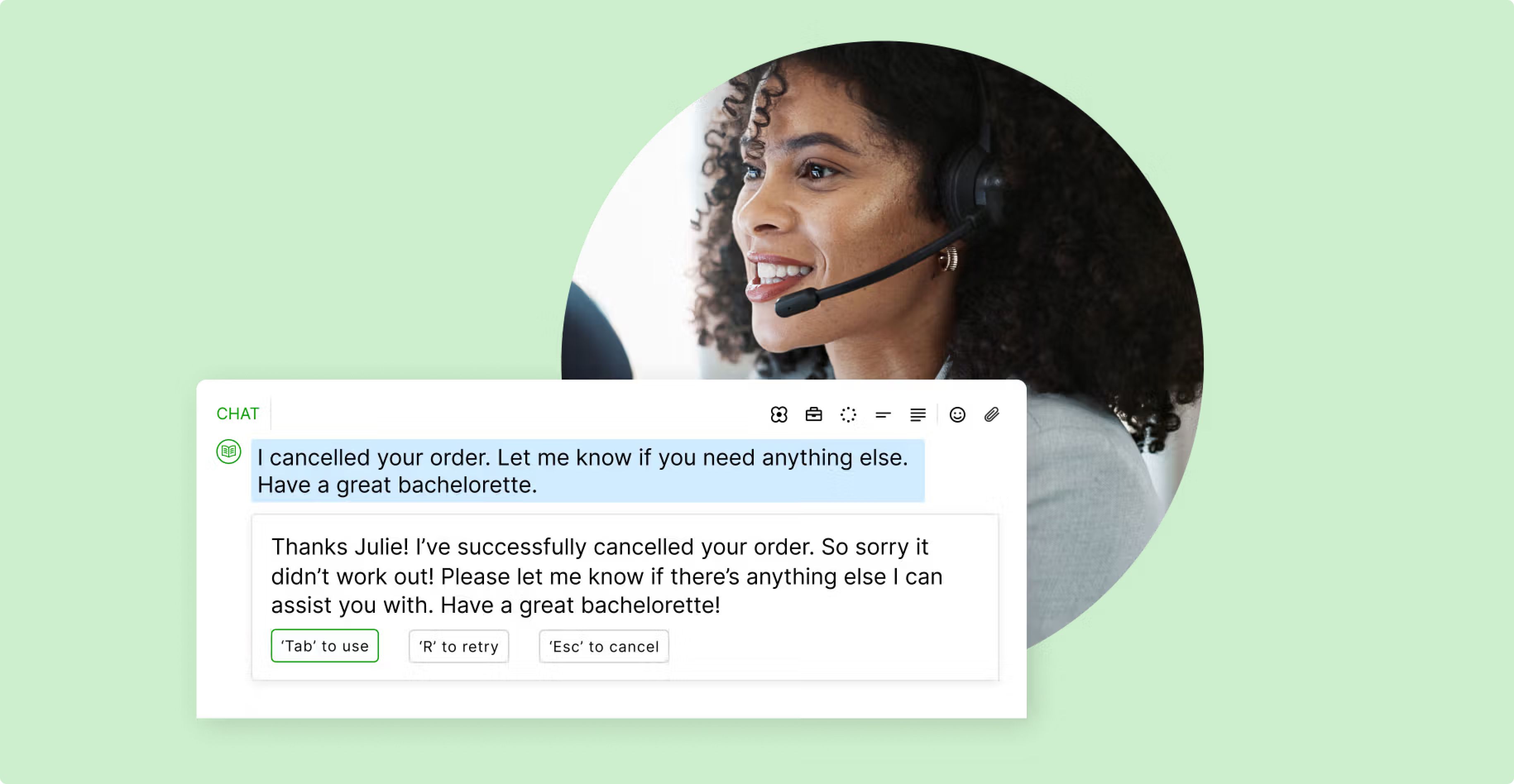 A woman with curly hair wears a headset, smiling while using a chat interface. The chat confirms an order cancellation, wishing a great bachelorette.
