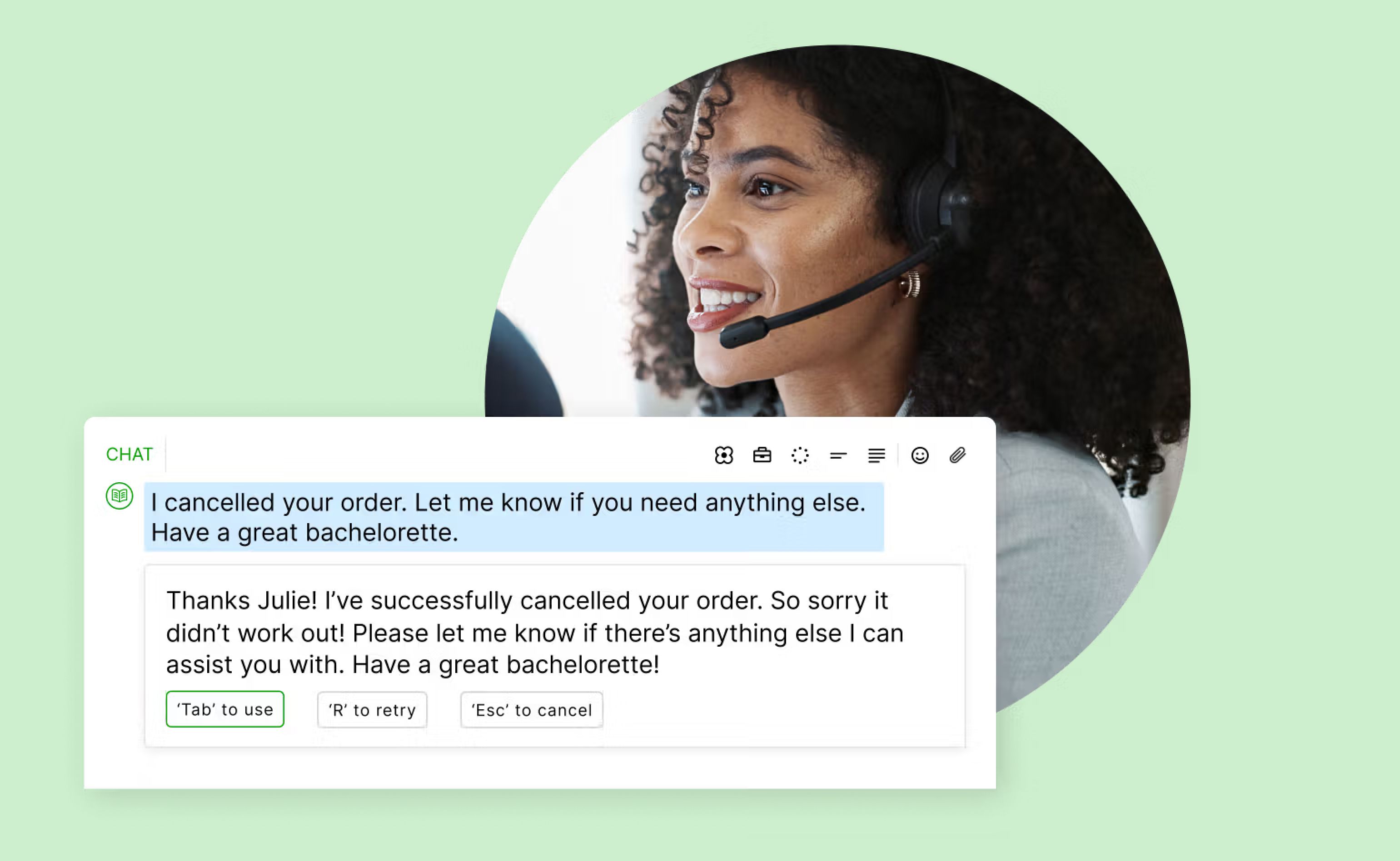 A woman with curly hair wears a headset, smiling while using a chat interface. The chat confirms an order cancellation, wishing a great bachelorette.