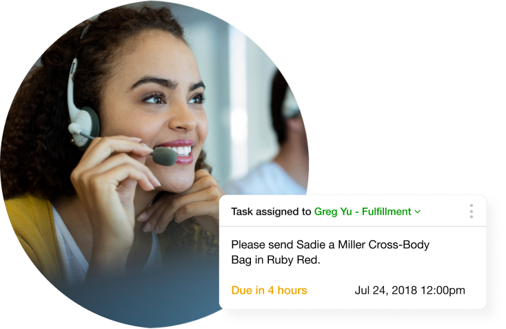 Smiling woman with headset suggesting customer service. Overlay text assigns a task to Greg Yu to send a cross-body bag, due in 4 hours.