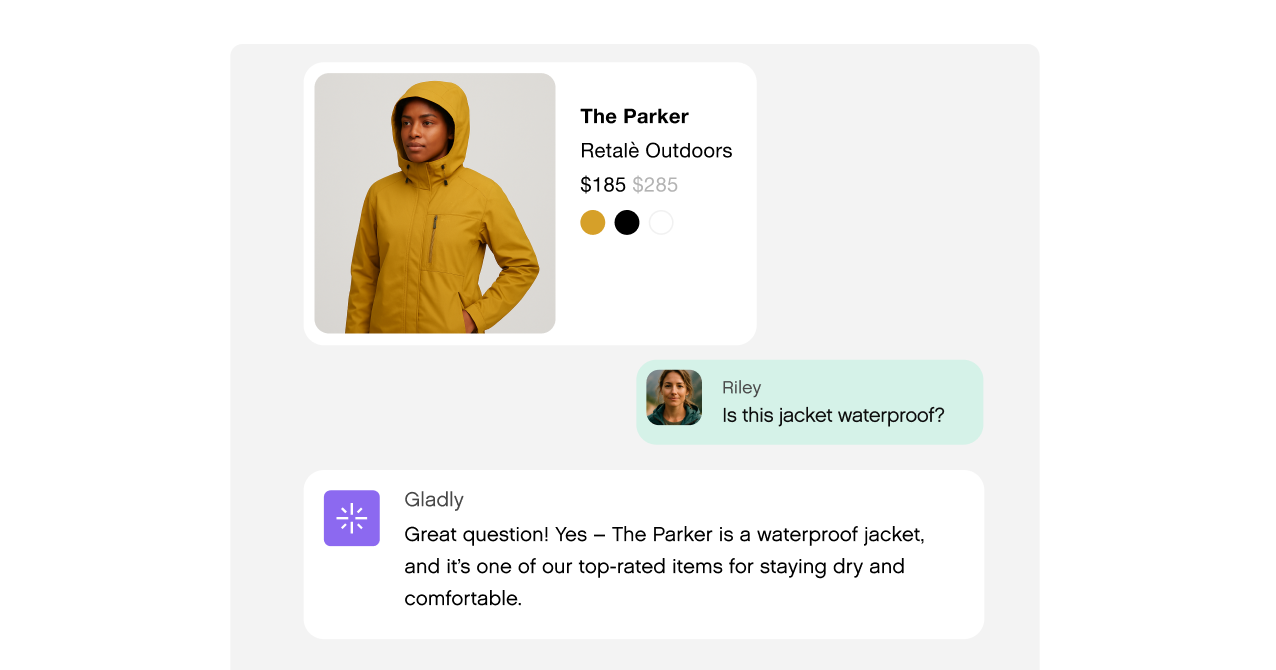 Image of a person in a mustard yellow jacket labeled 'The Parker' with pricing info indicating a sale. A chat confirms it's a waterproof, top-rated jacket.