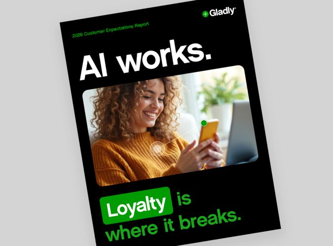 A woman with curly hair smiles at her phone, surrounded by text reading "AI works. Loyalty is where it breaks." The tone is optimistic and engaging.