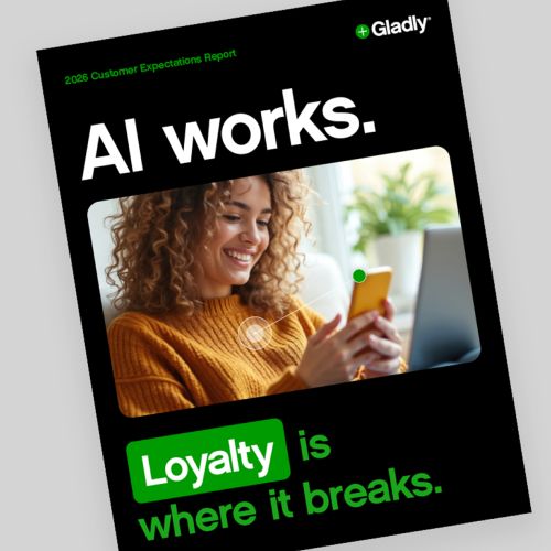 A woman with curly hair smiles at her phone, surrounded by text reading "AI works. Loyalty is where it breaks." The tone is optimistic and engaging.