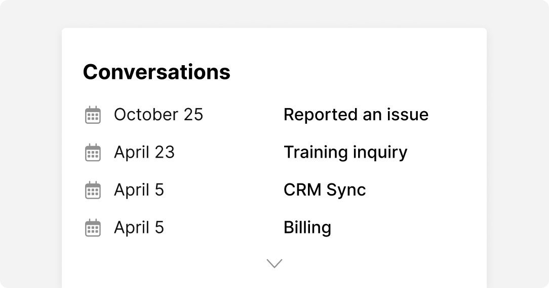 Conversations list with dates and topics. October 25 - Reported an issue, April 23 - Training inquiry, April 5 - CRM Sync, and Billing. Dropdown icon below.