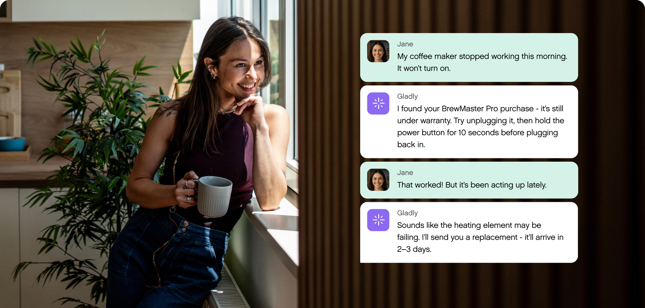A woman smiles while holding a coffee cup in a modern kitchen. Text messages nearby detail her skillet order issue, resolved by prompt customer service.