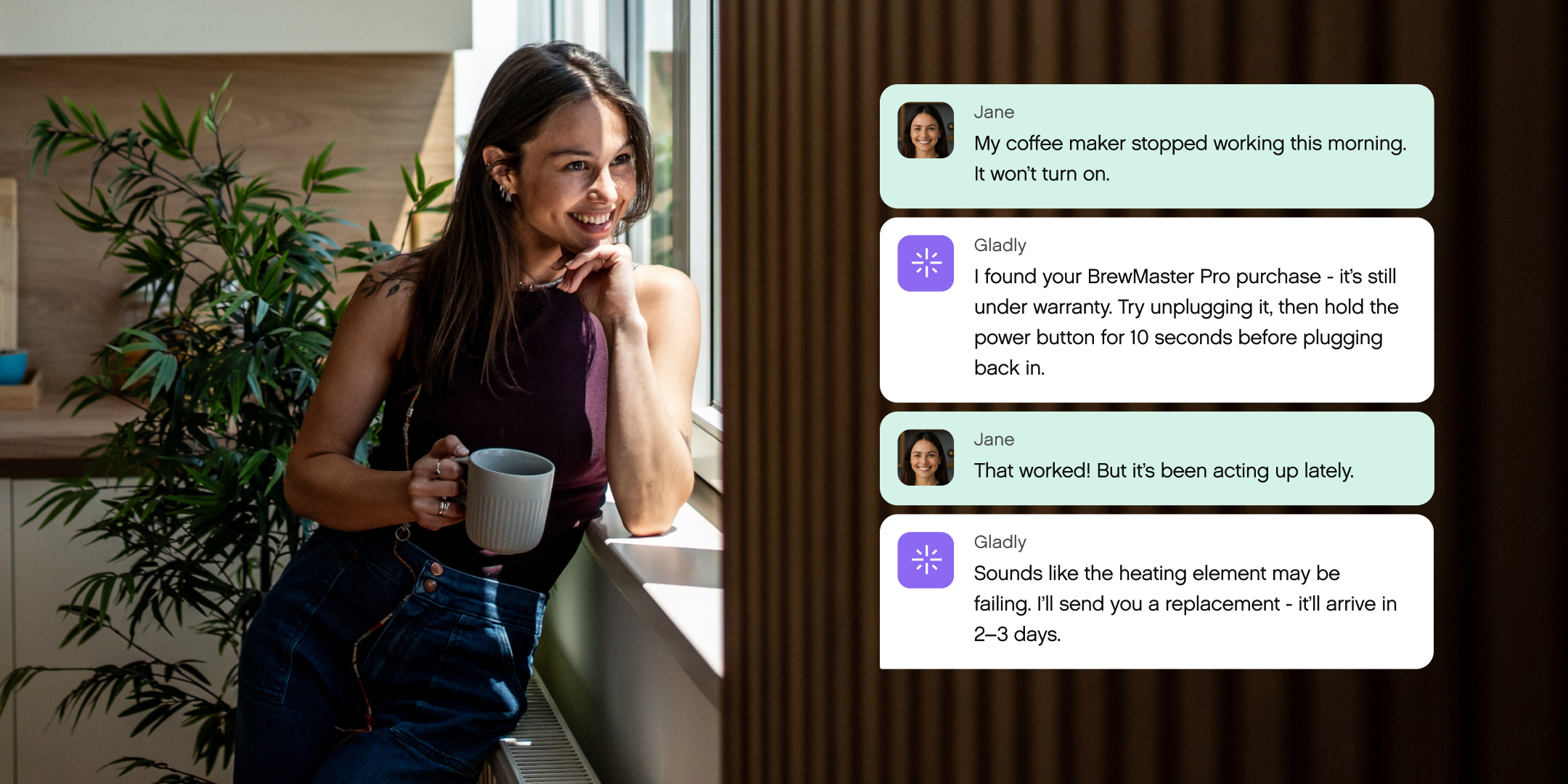 A woman smiles while holding a coffee cup in a modern kitchen. Text messages nearby detail her skillet order issue, resolved by prompt customer service.